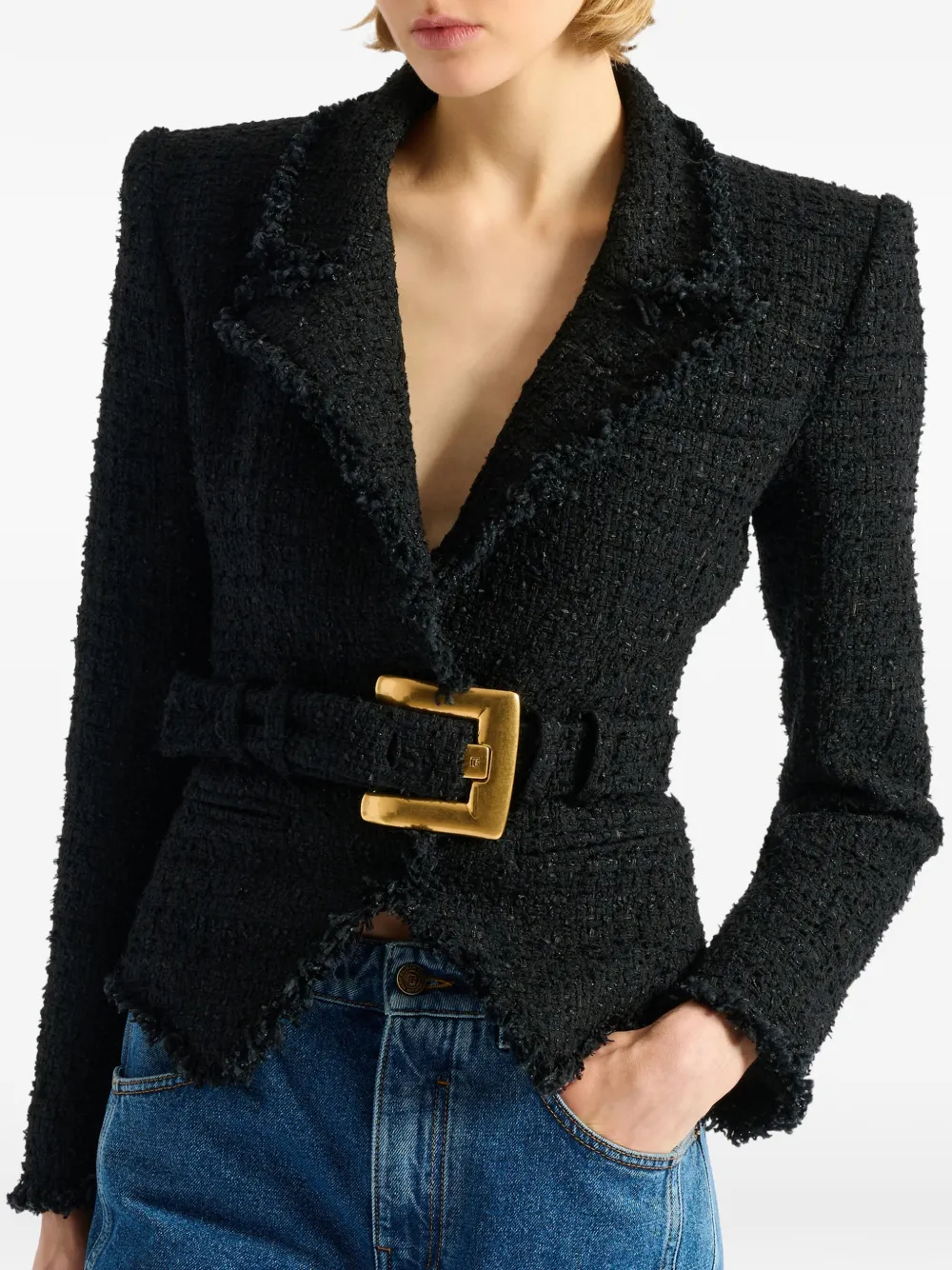 Balmain Tailored Jacket Belted Waist Gold Tone Buckle In Black