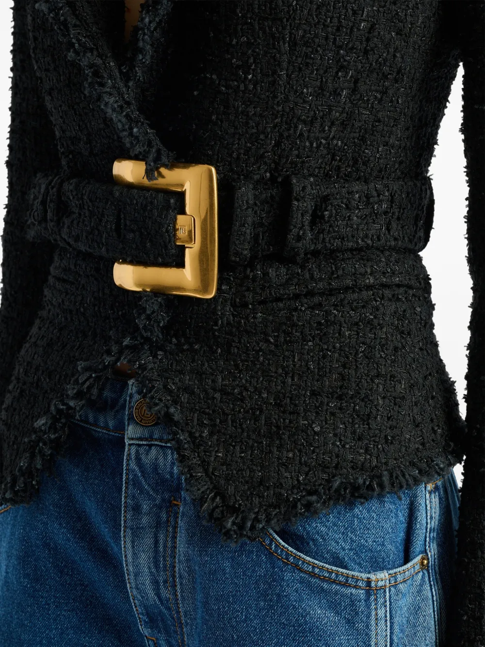 Balmain Tailored Jacket Belted Waist Gold Tone Buckle In Black