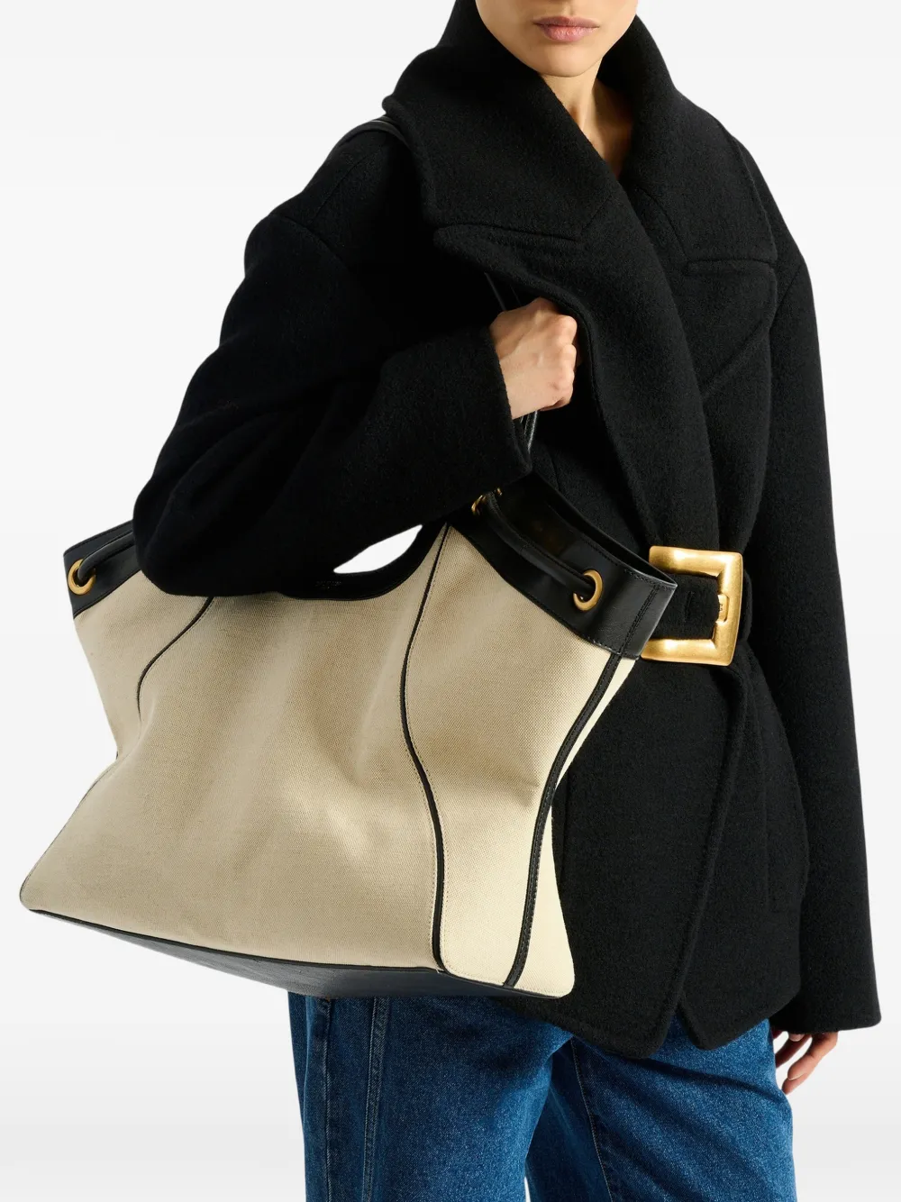 Balmain Grote shopper van glad leer en canvas Beige