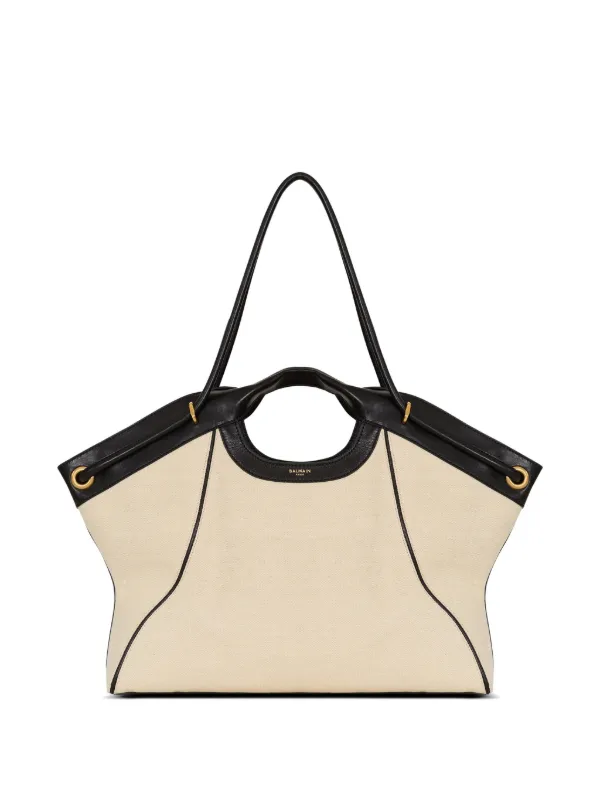Balmain Large Tote in Smooth Leather and Canvas in Neutrals
