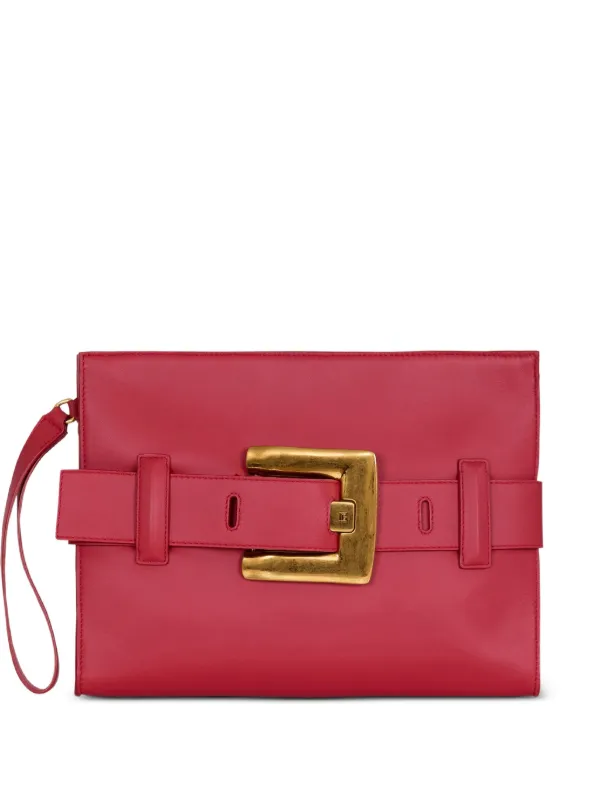 Balmain Anthem Smooth Leather Clutch in Red