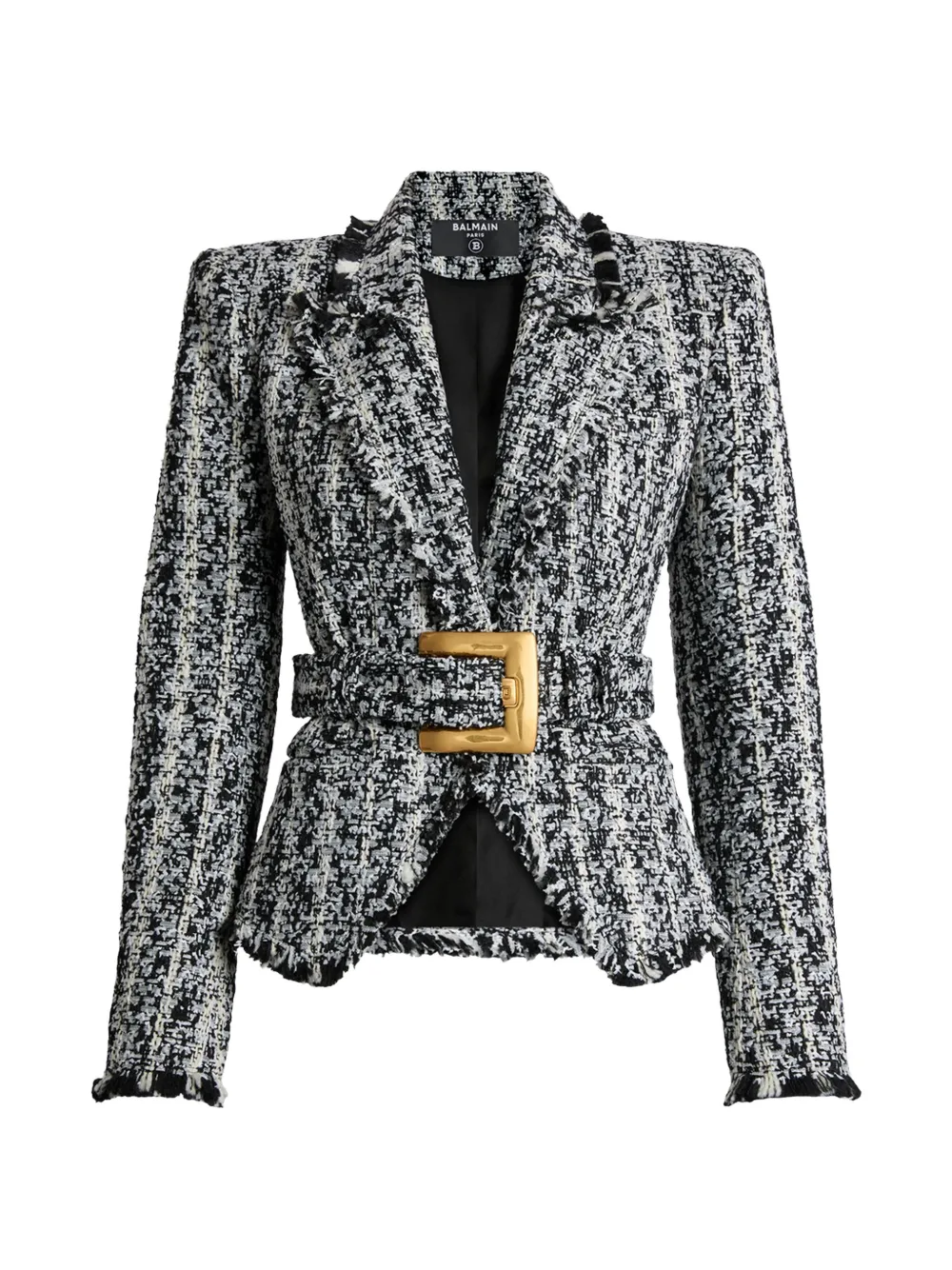 Balmain Giacca bicolore in tweed con cintura - Nero