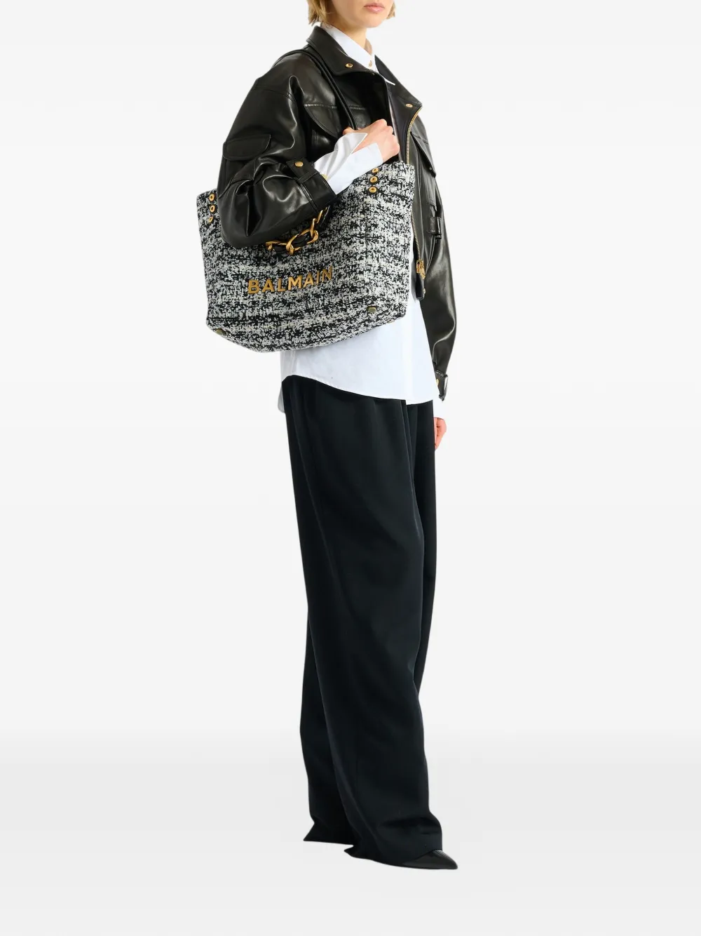 Balmain Small Soft 1945 Tote Bag In Tweed In Gray