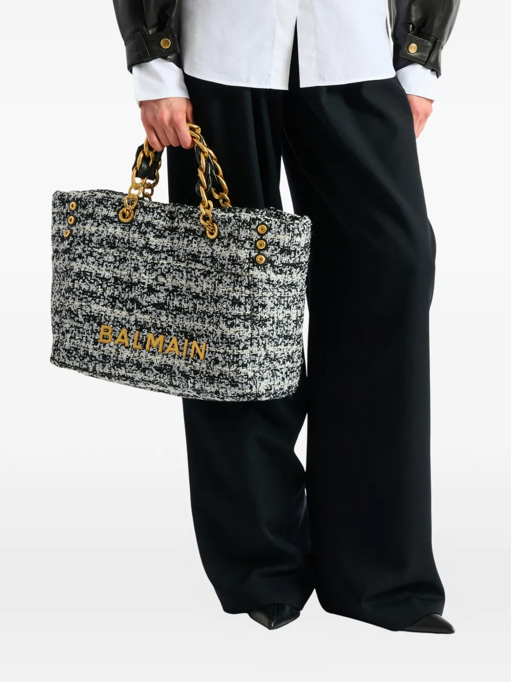 Balmain Small Soft 1945 Tote Bag In Tweed In Gray