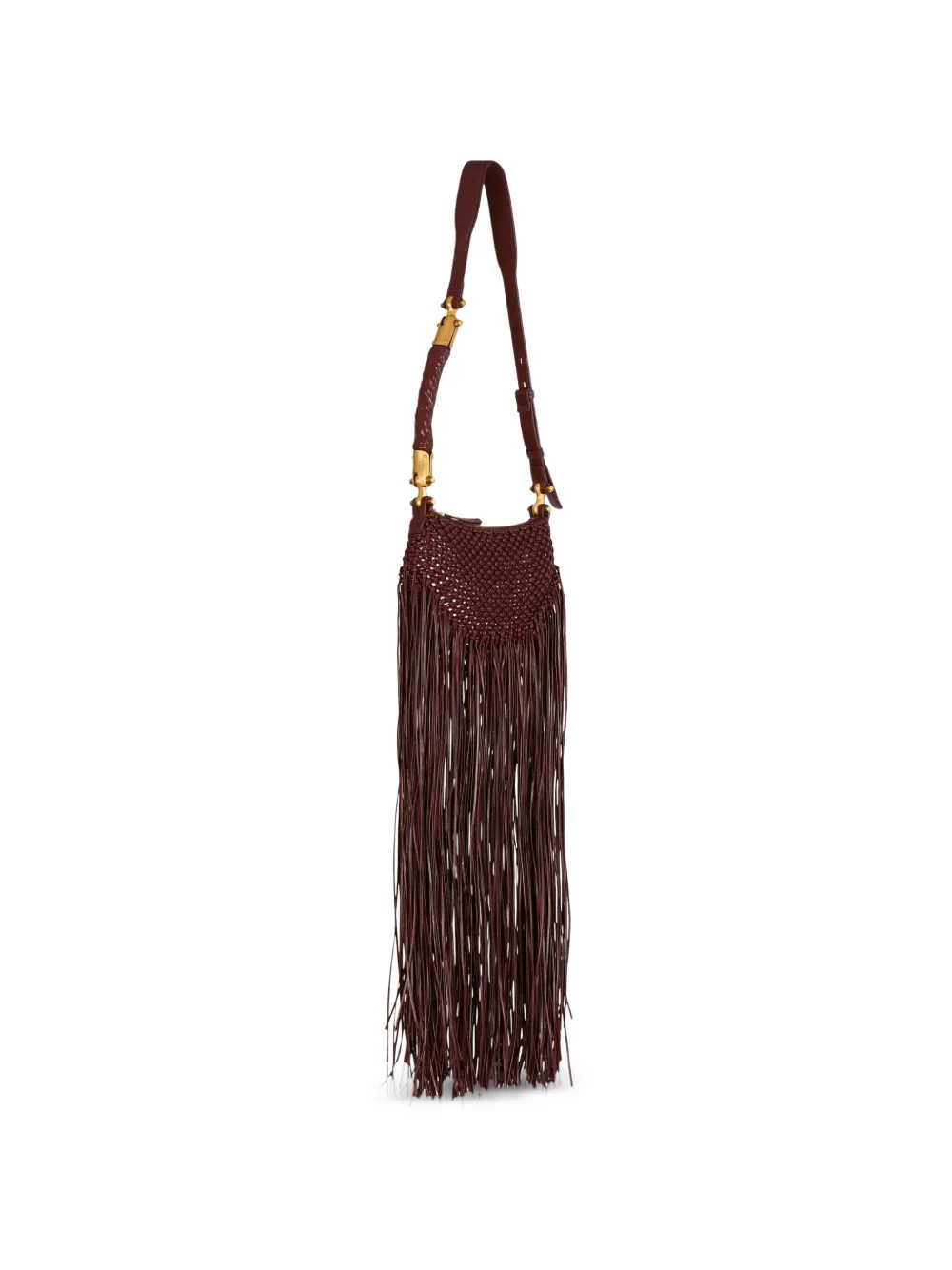 Balmain Ébène mini-tas van geweven leer met franje Bruin
