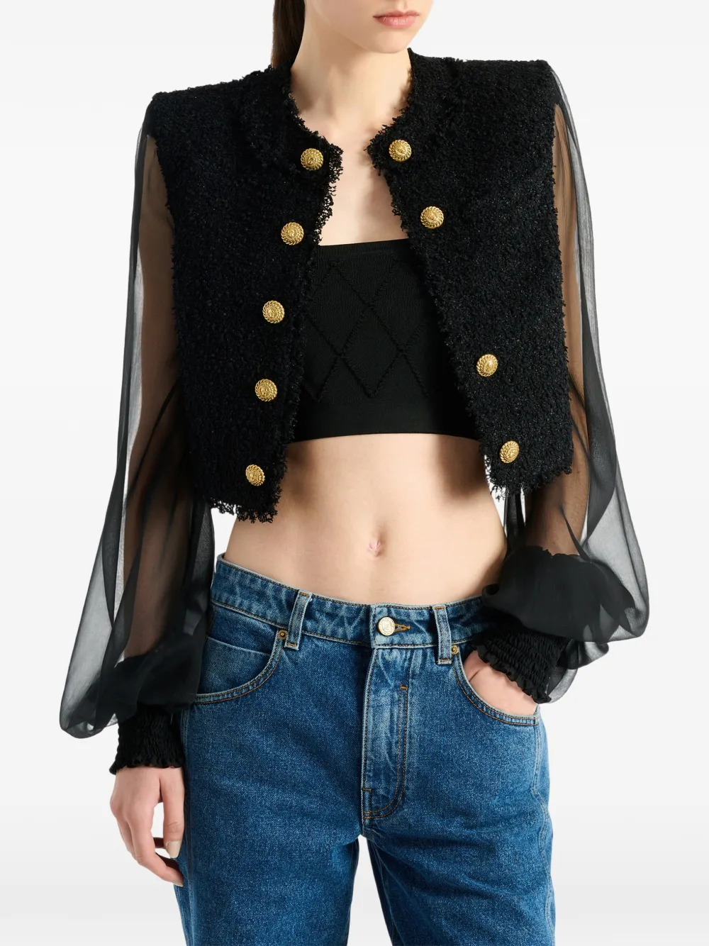 Balmain Cropped tweed en mousseline jack Zwart