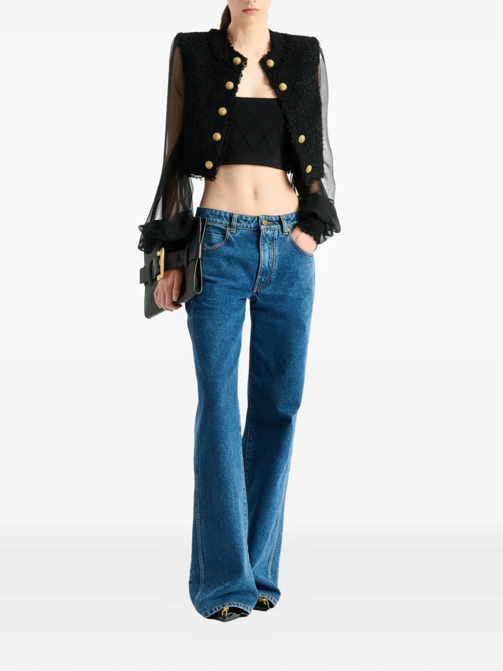 Balmain Cropped tweed en mousseline jack Zwart