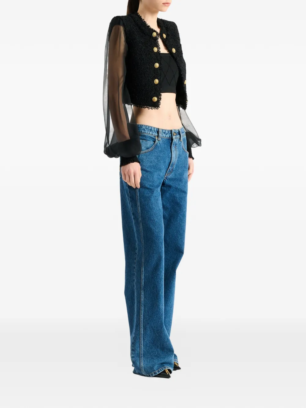 Balmain Cropped tweed en mousseline jack Zwart