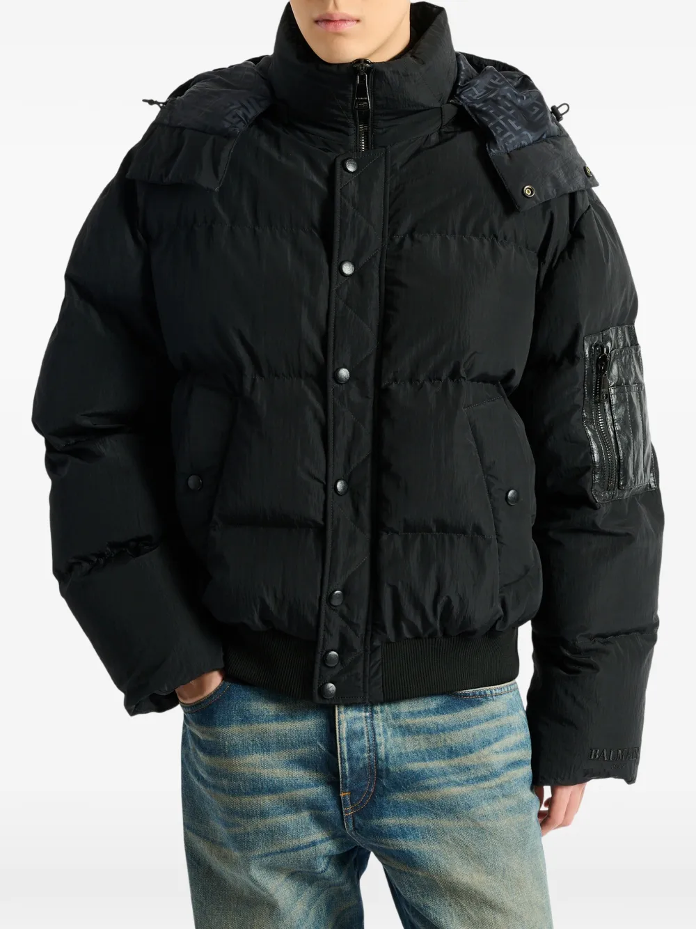 Balmain Gewatteerd nylon en leren jack Zwart