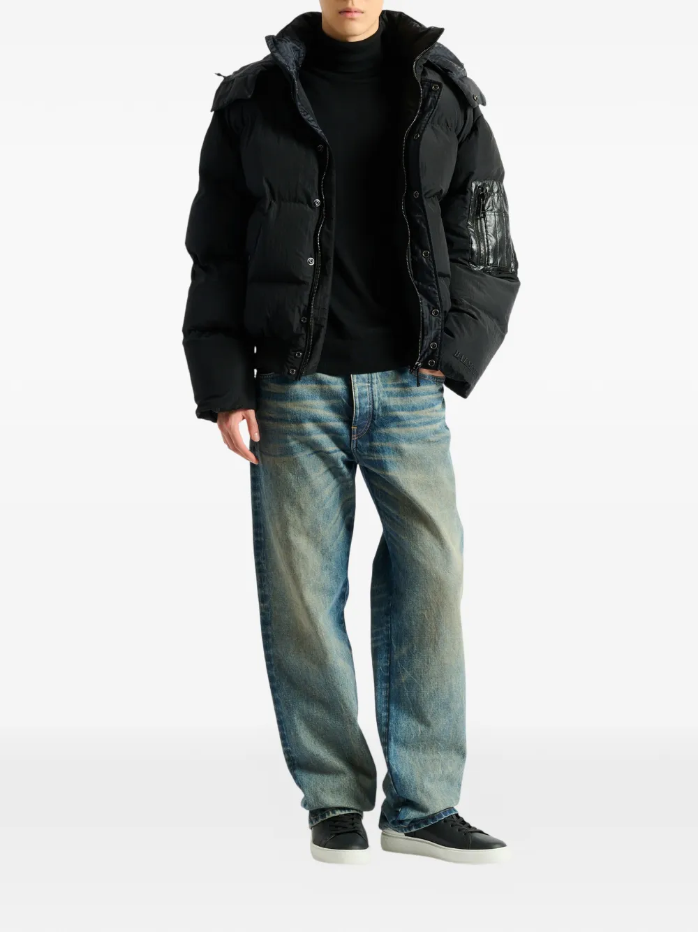 Balmain Gewatteerd nylon en leren jack Zwart