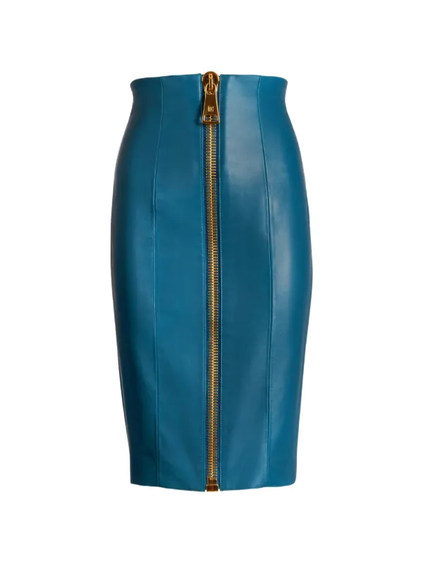 Balmain Zipped Lambskin Skirt in Blue