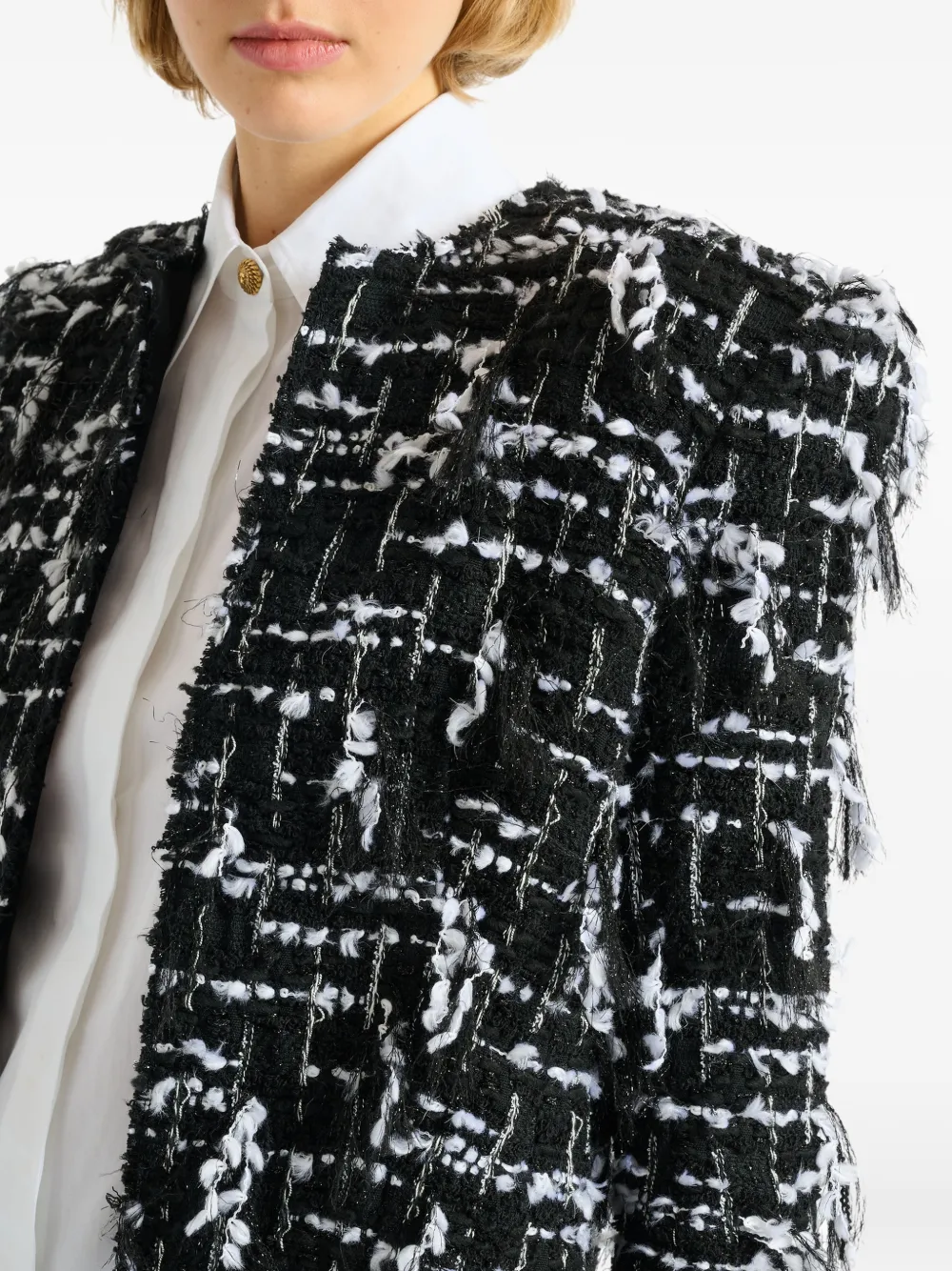 Balmain Cropped tweed jack met franje Zwart