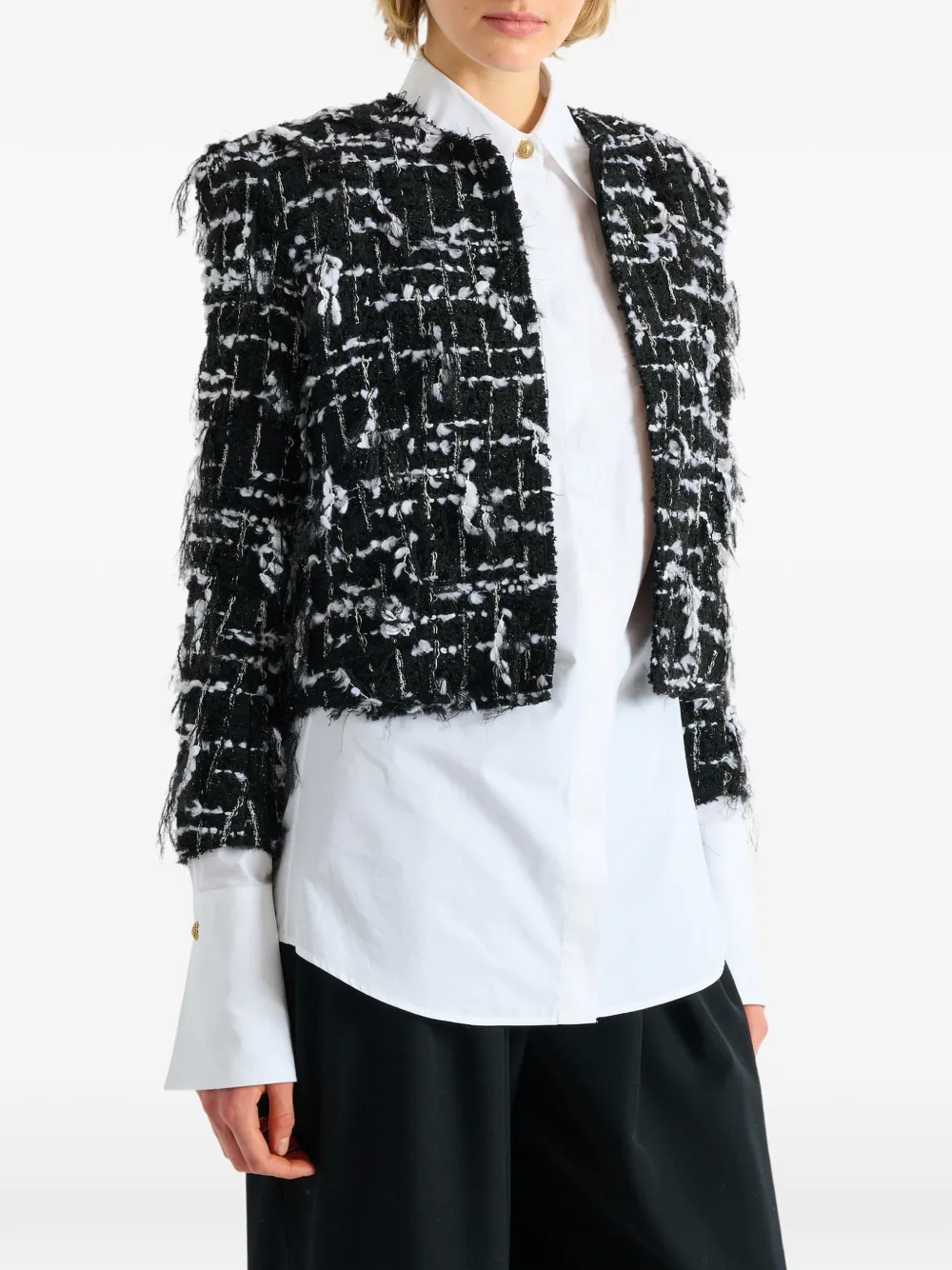 Balmain Cropped tweed jack met franje Zwart