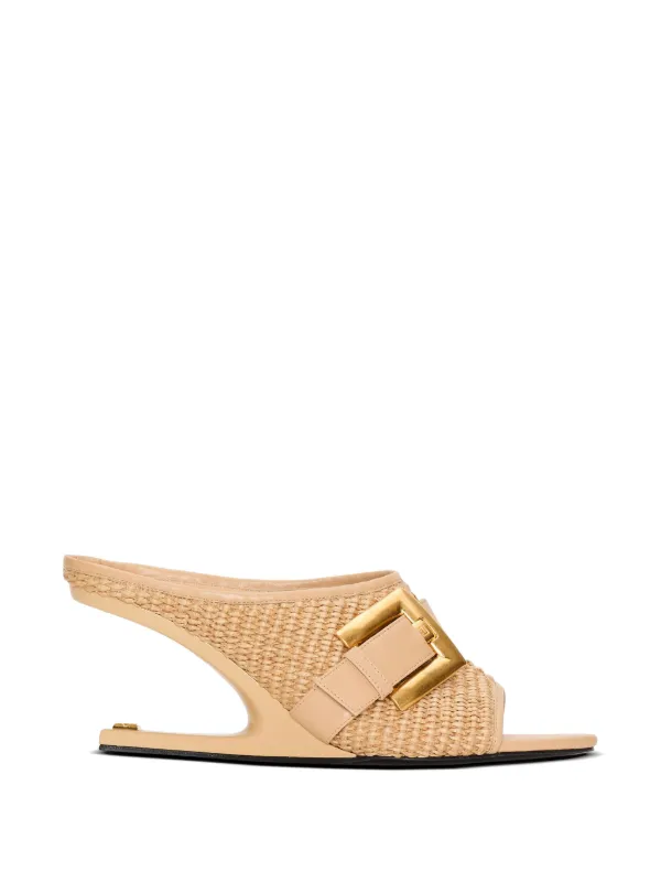 Balmain Anthem No Wedge Mules in Smooth Leather and Raffia in Neutrals