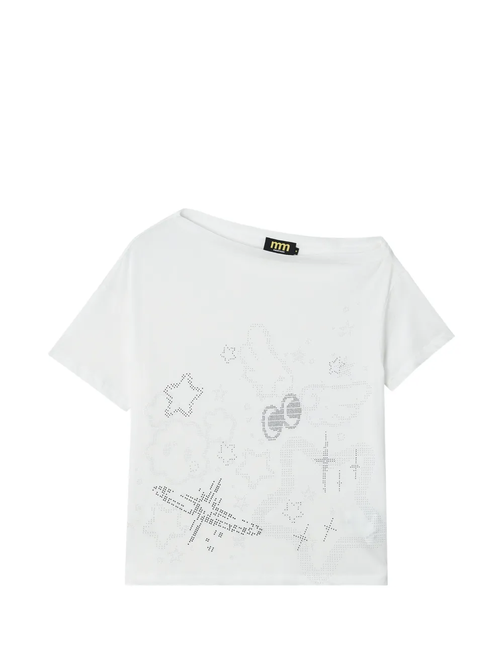 Mini Cream rhinestone-embellished asymmetric-collar cotton T-shirt