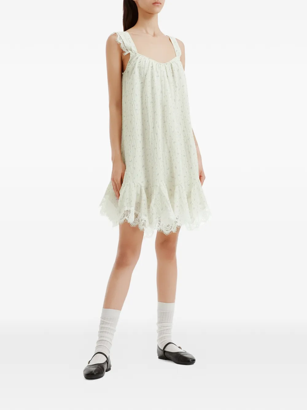 b+ab Mini-jurk met bloemen-print en kanten afwerking Wit