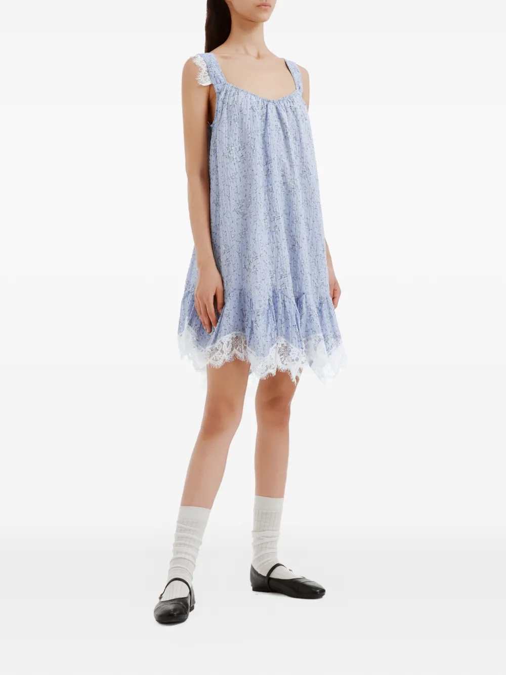 b+ab Mini-jurk met bloemen-print en kanten afwerking Blauw