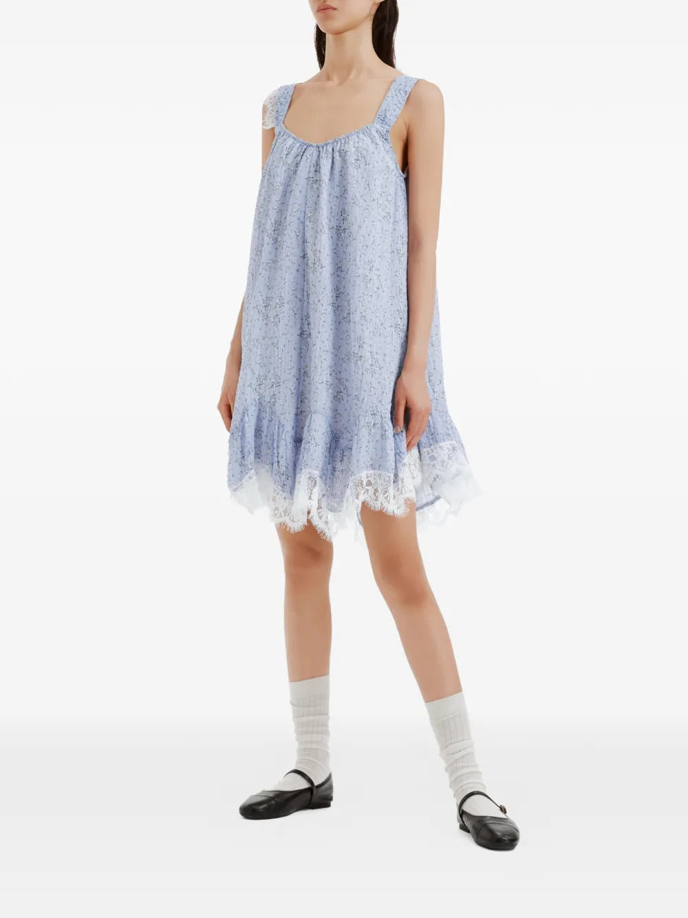 b+ab Mini-jurk met bloemen-print en kanten afwerking Blauw