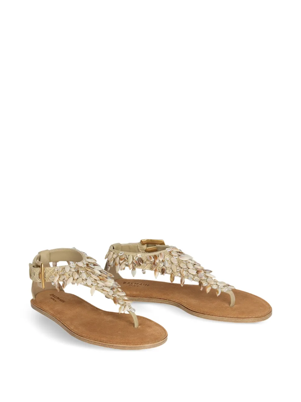 Balmain Platte suède sandalen met kralen Beige