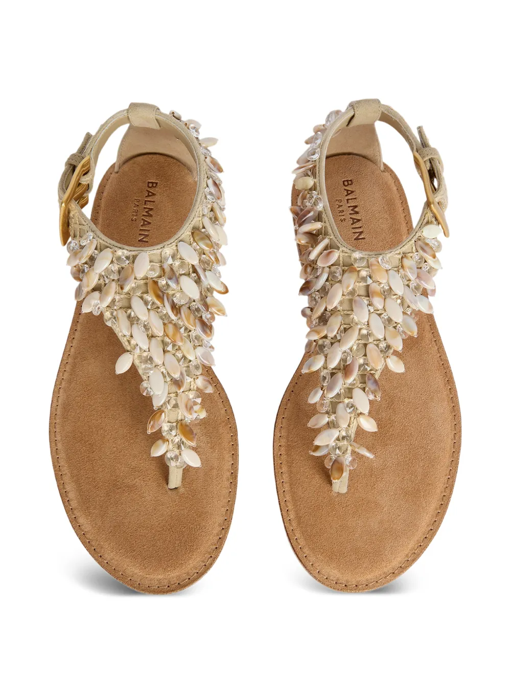 Balmain Platte suède sandalen met kralen Beige