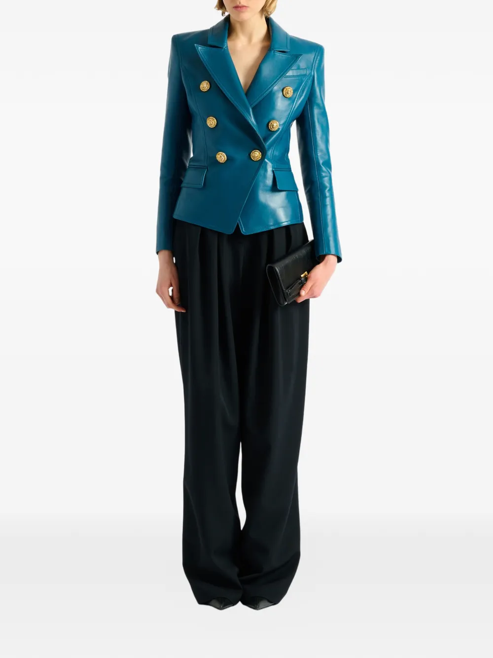 Balmain Leather 6-button Jacket In Blue