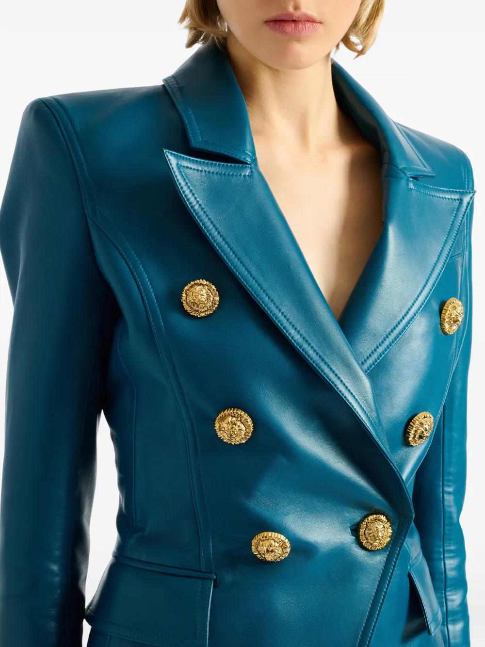 Balmain Leather 6-button Jacket In Blue