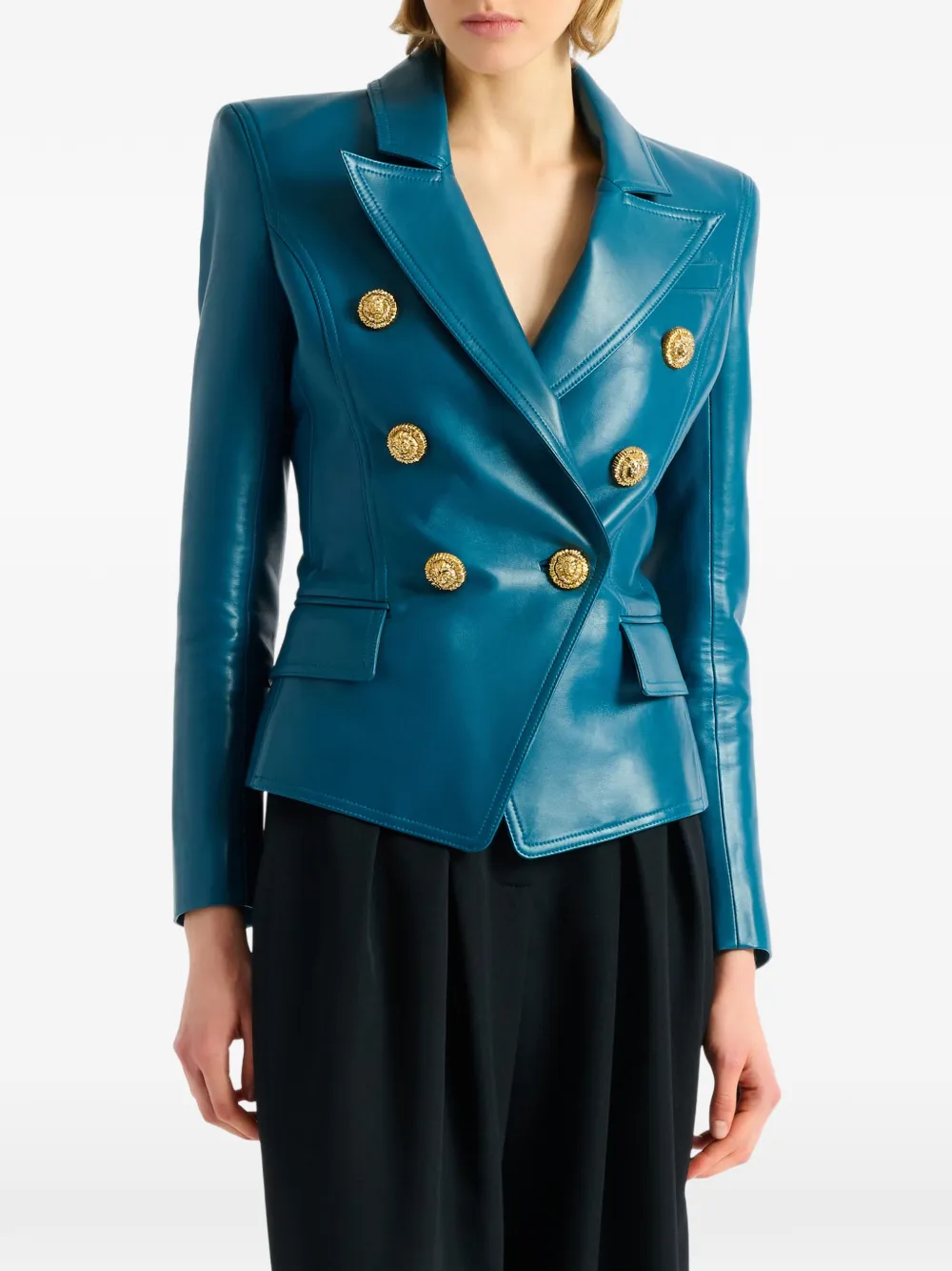Balmain Leather 6-button Jacket In Blue