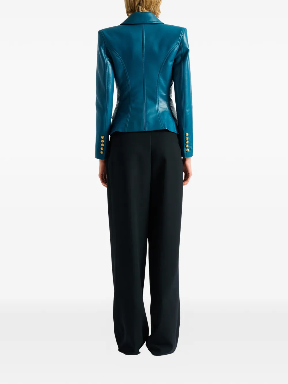 Balmain Leather 6-button Jacket In Blue