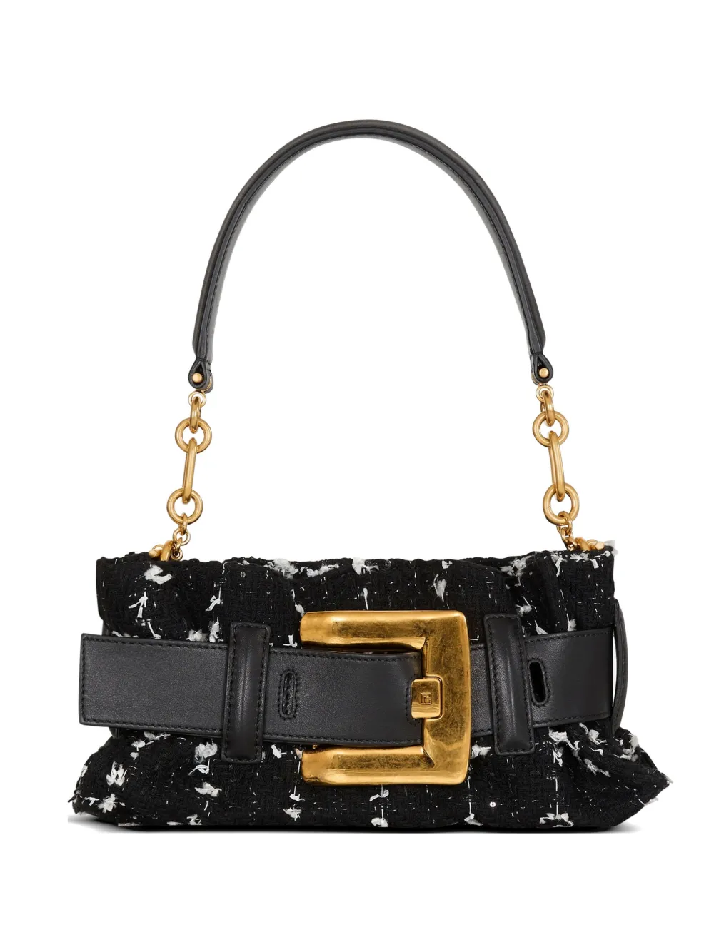 Balmain Borsa a spalla Anthem mini in pelle liscia e tweed - Nero