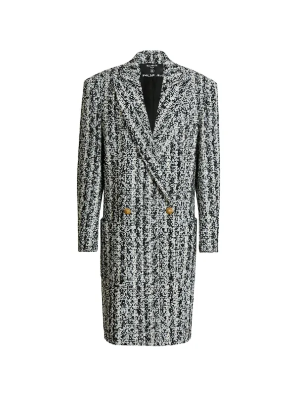 Balmain Long Tweed Coat in Black