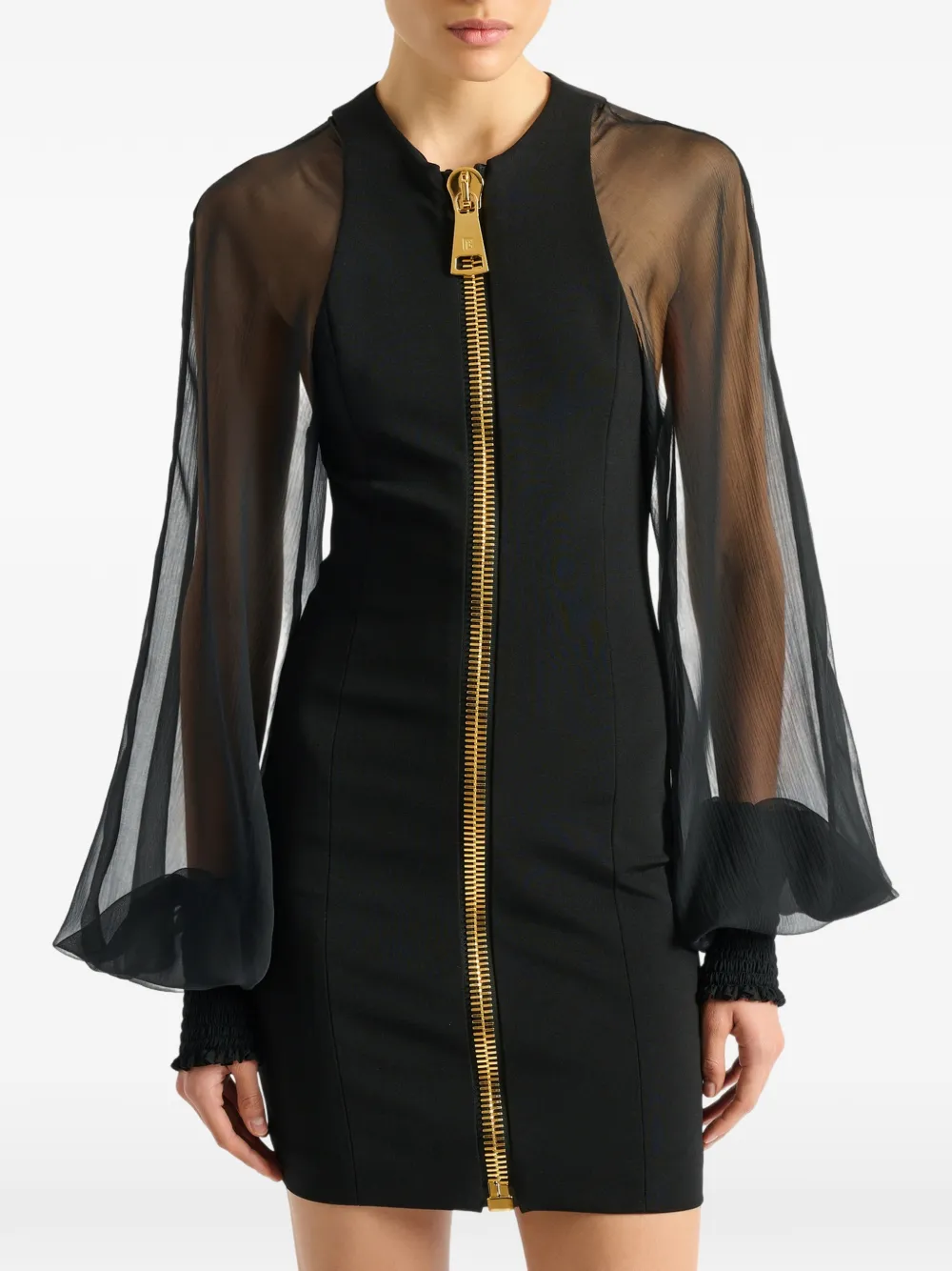 Balmain Korte jersey en mousseline jurk Zwart