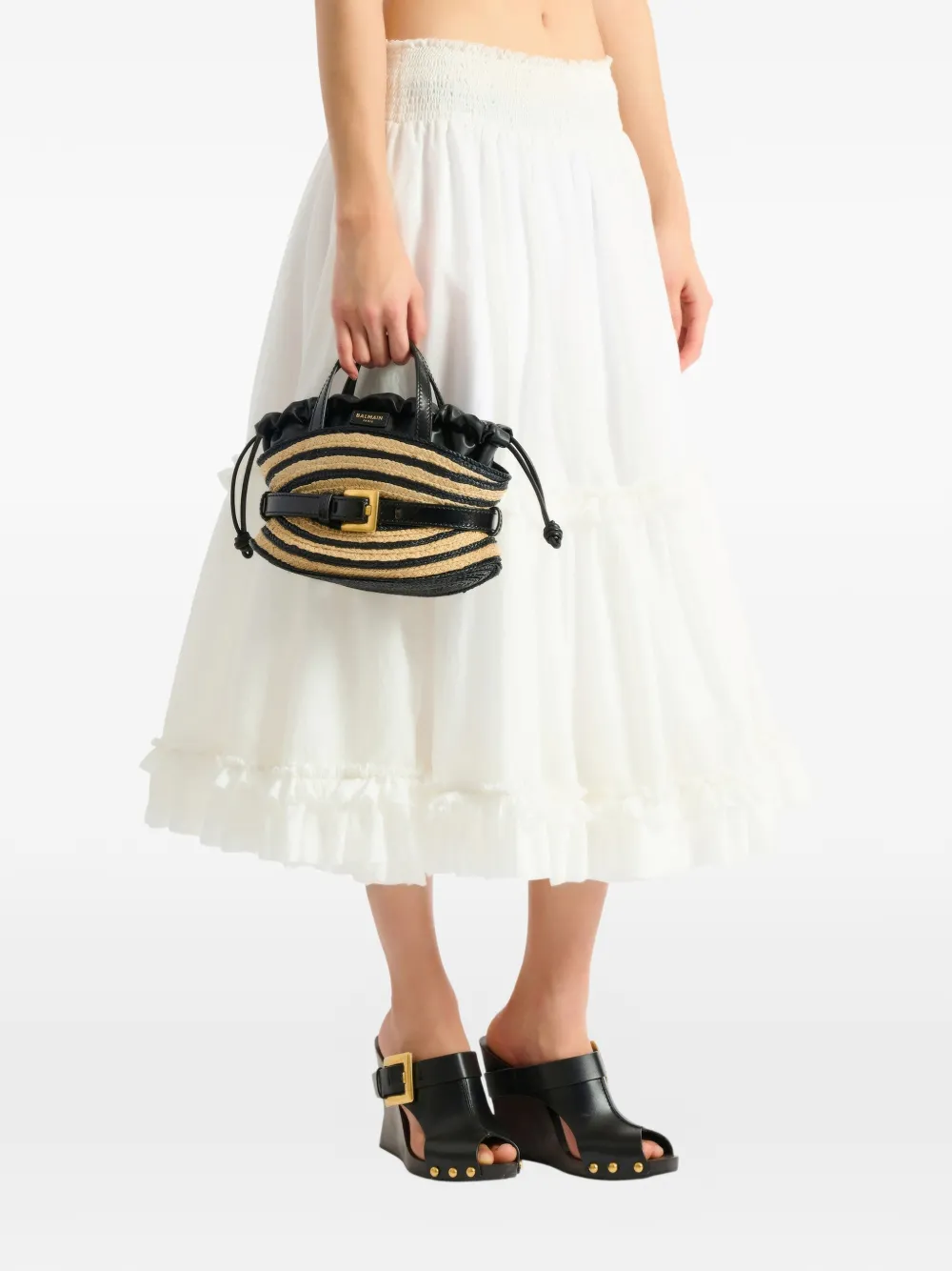 Balmain Shuffle mini-tas van glad leer en raffia Beige