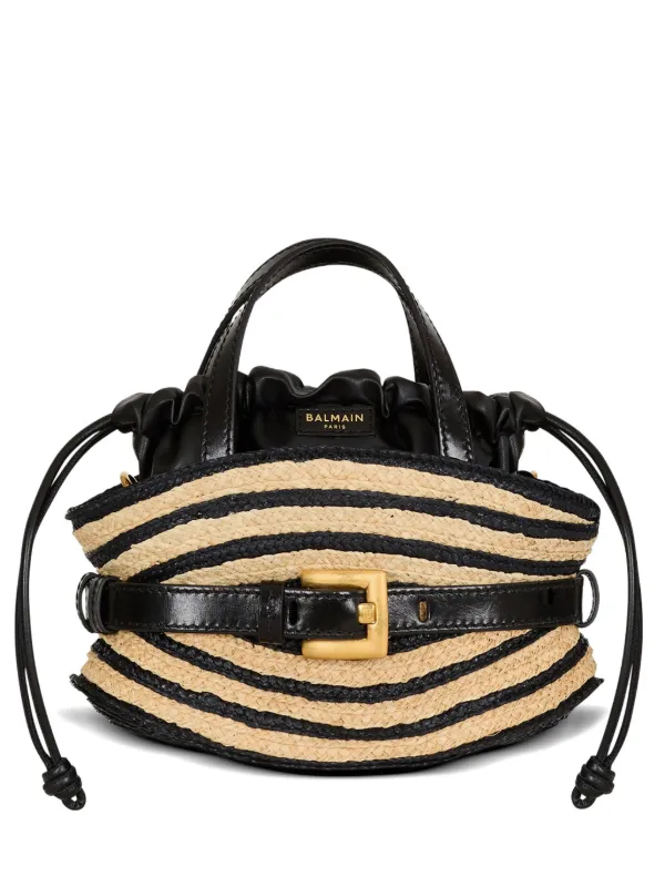 Balmain Mini Shuffle Bag in Smooth Leather and Raffia in Neutrals
