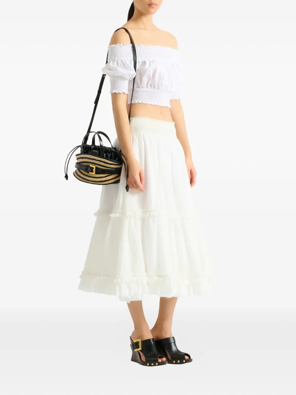 Balmain Shuffle mini-tas van glad leer en raffia Beige