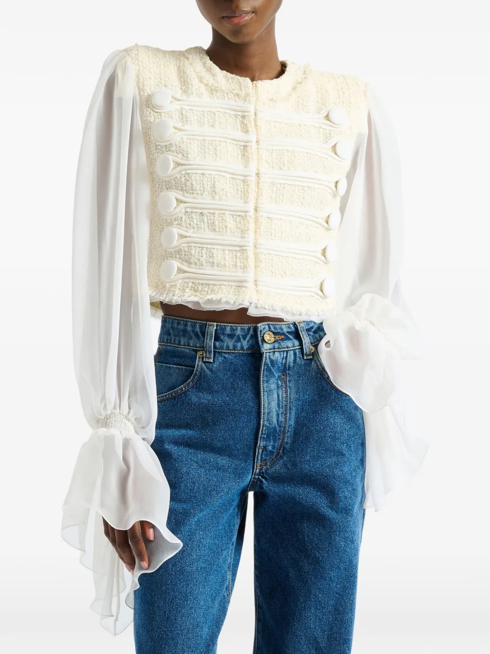 Balmain Cropped tweed en mousseline jack Wit