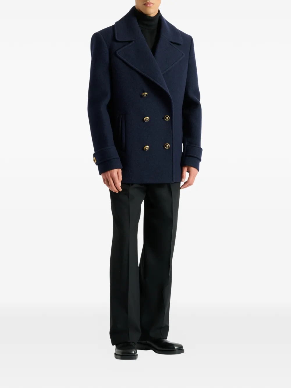 Balmain Wool Pea Coat In Blue