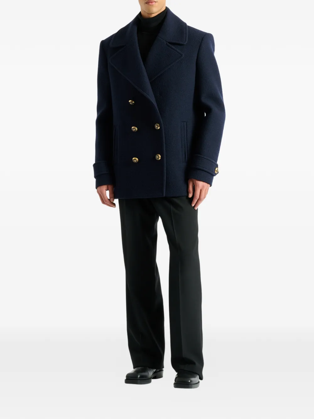 Balmain Wool Pea Coat In Blue