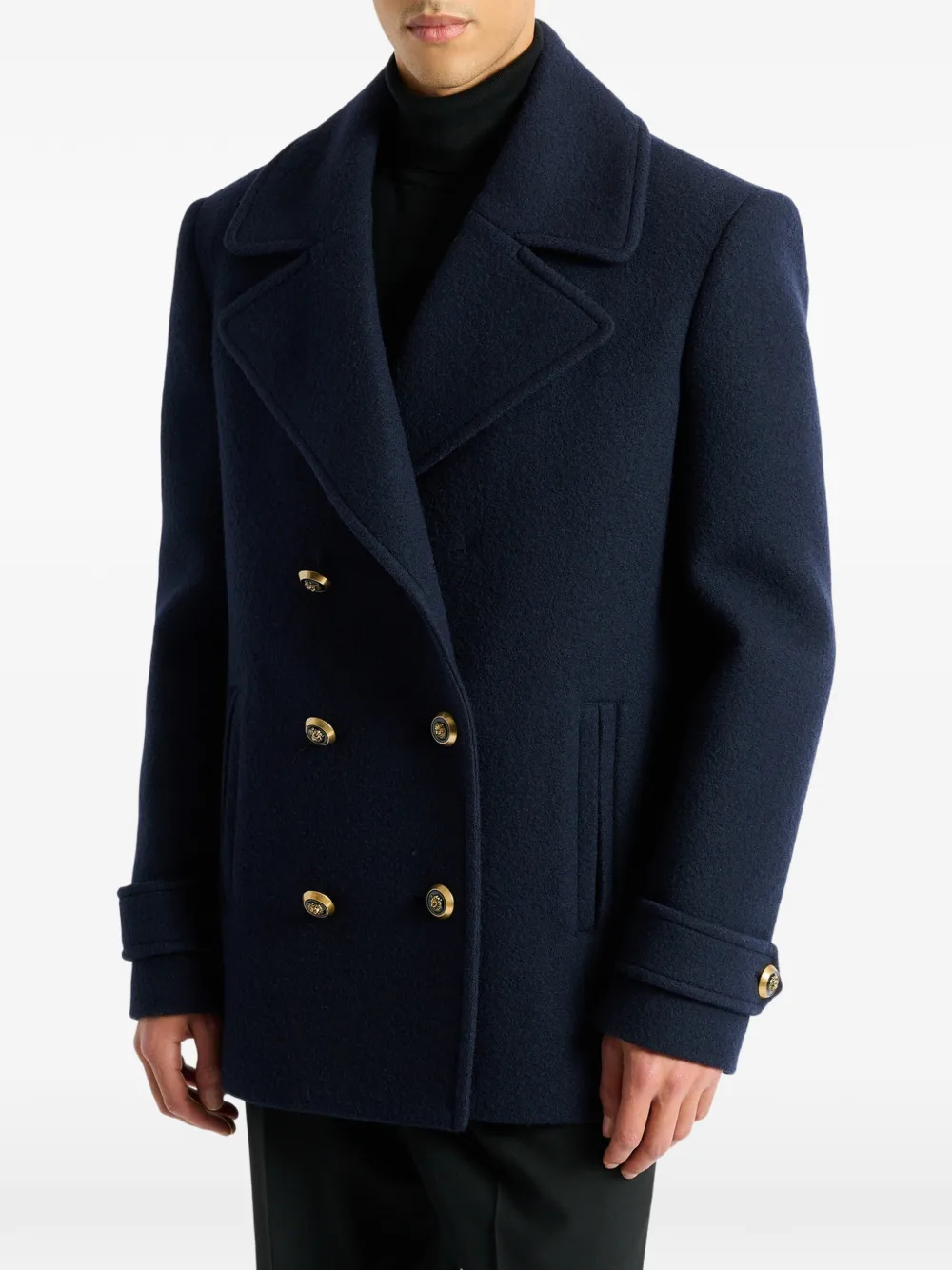 Balmain Wool Pea Coat In Blue
