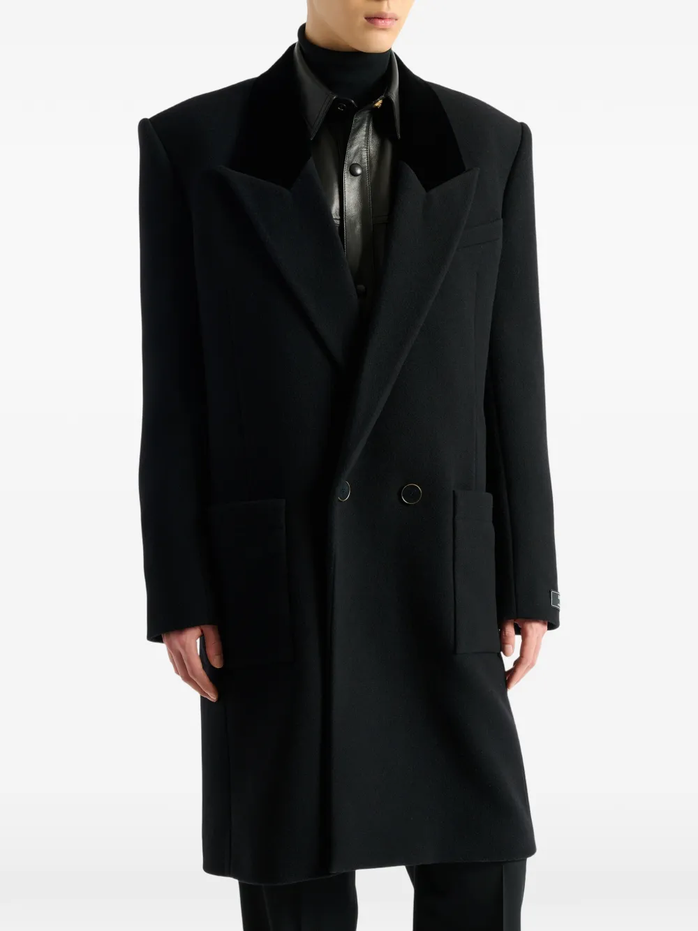 Balmain Lange wollen en fluwelen jas Zwart