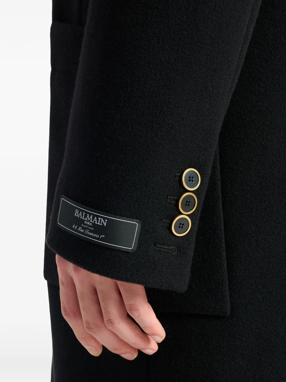 Balmain Lange wollen en fluwelen jas Zwart