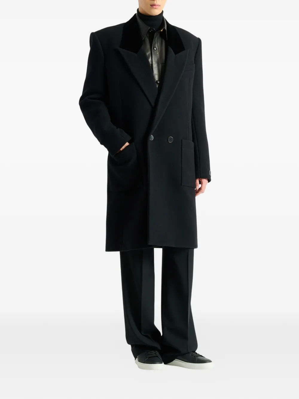 Balmain Lange wollen en fluwelen jas Zwart