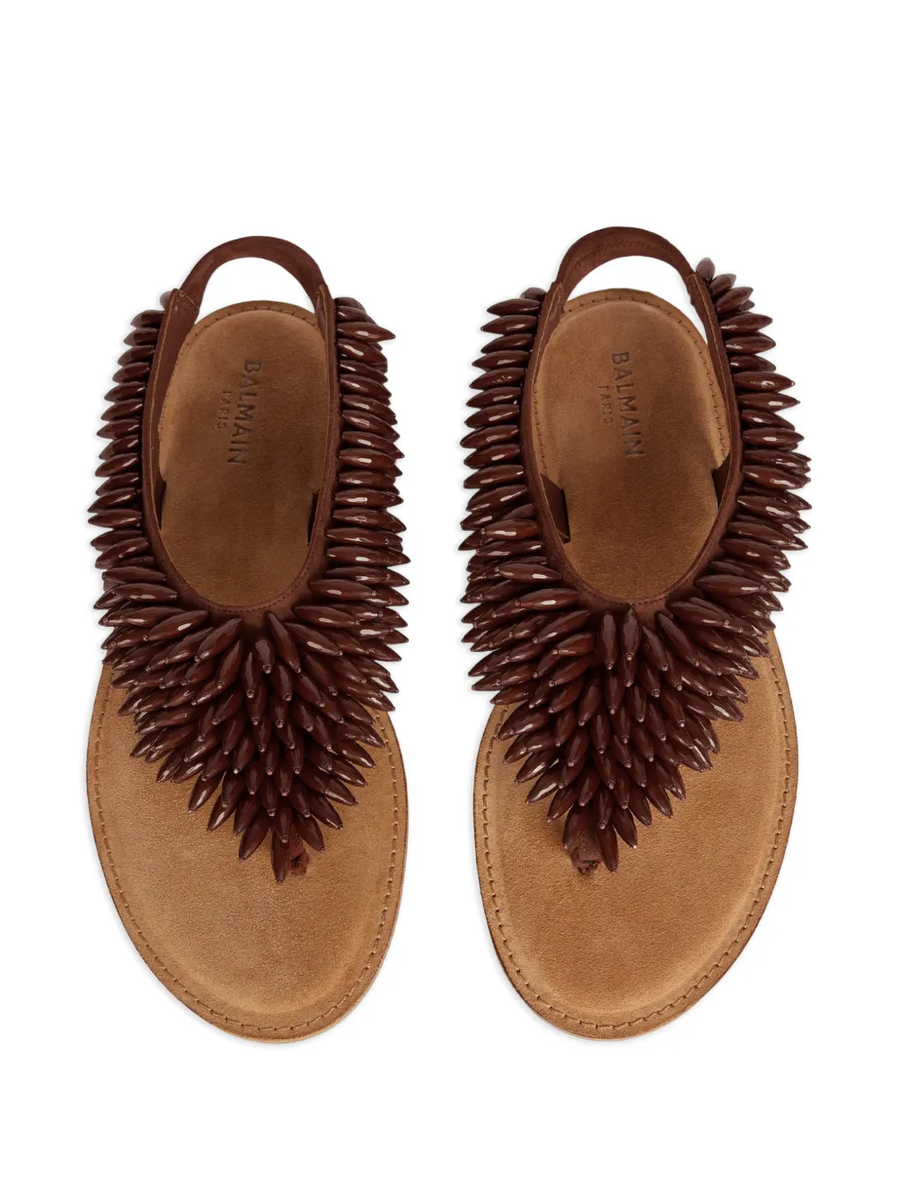 Balmain Platte suède sandalen met kralen Bruin