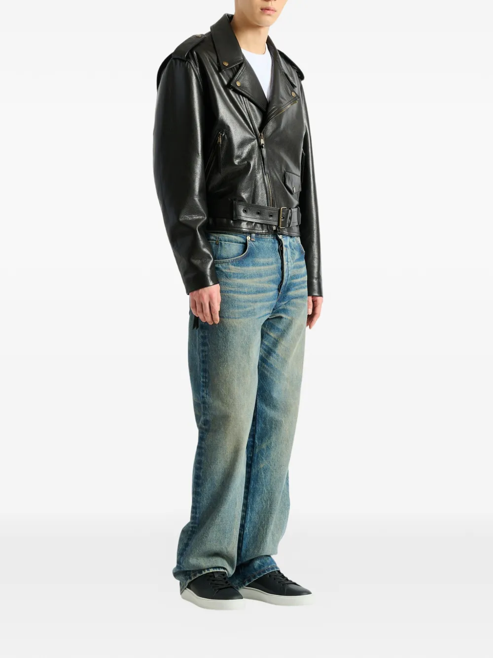 Balmain Textured Leather Biker Jacket In Black
