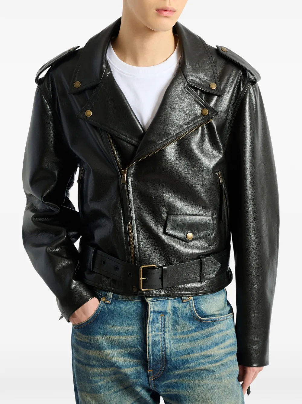 Balmain Textured Leather Biker Jacket In Black