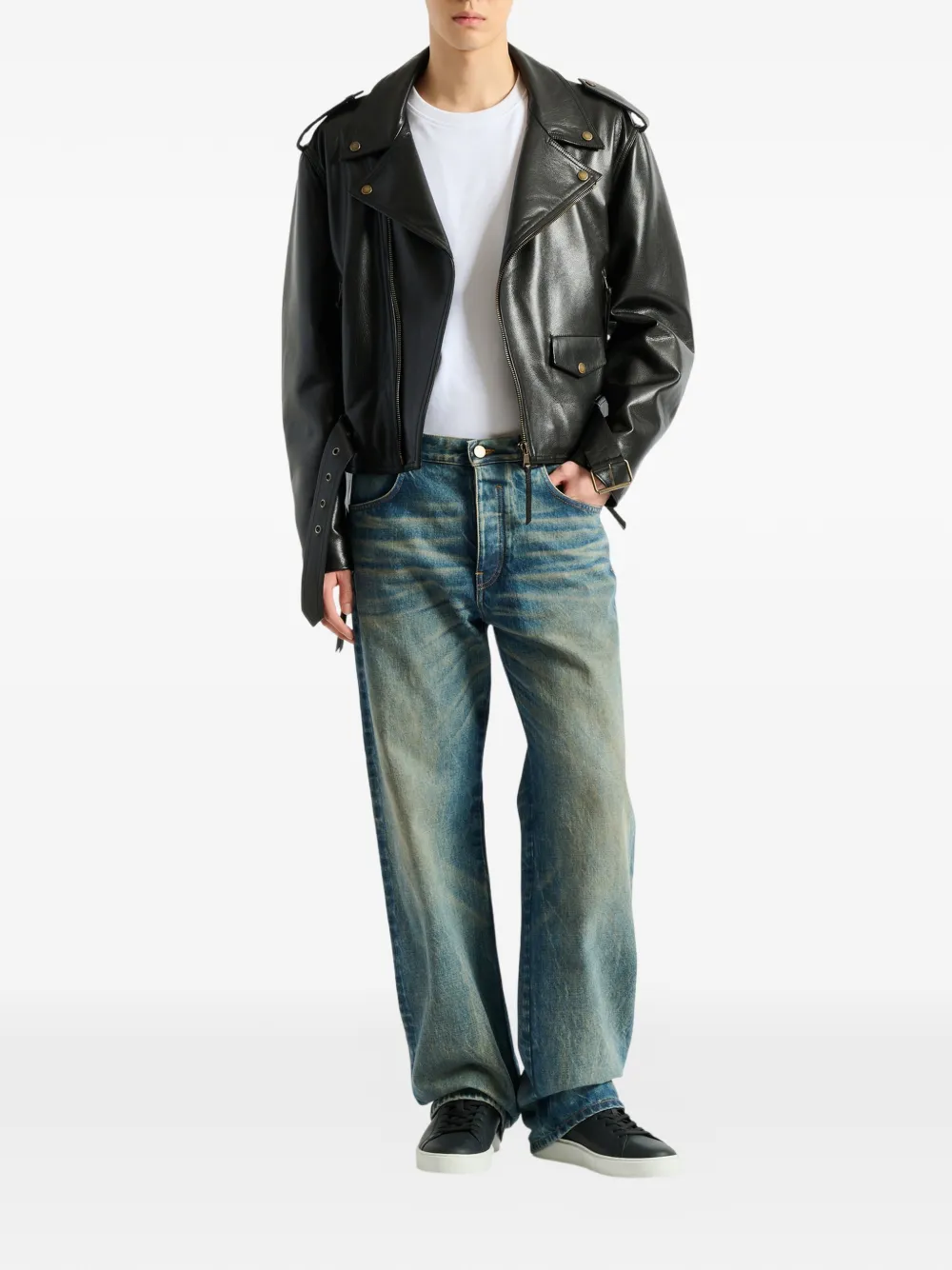 Balmain Textured Leather Biker Jacket In Black