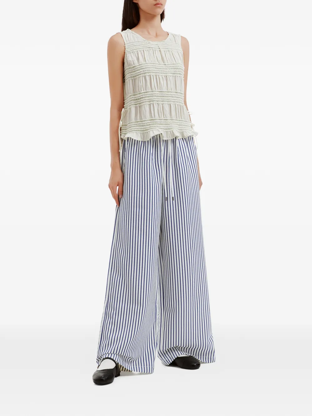 tout a coup Gestreepte broek met trekkoordtaille en wijde pijpen Blauw