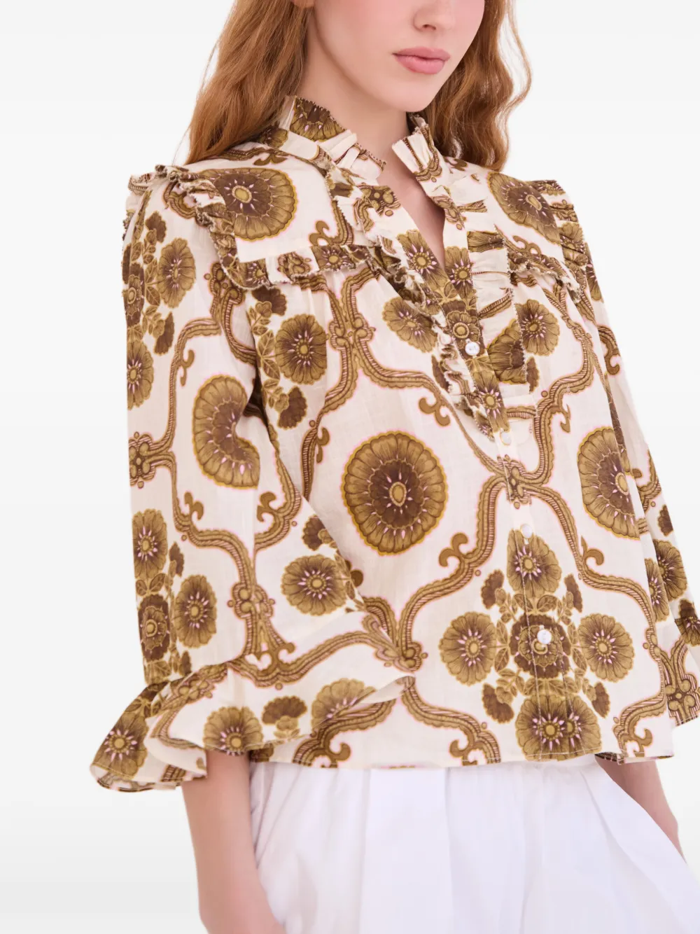 Cara Top met ruches en bloemenprint Wit