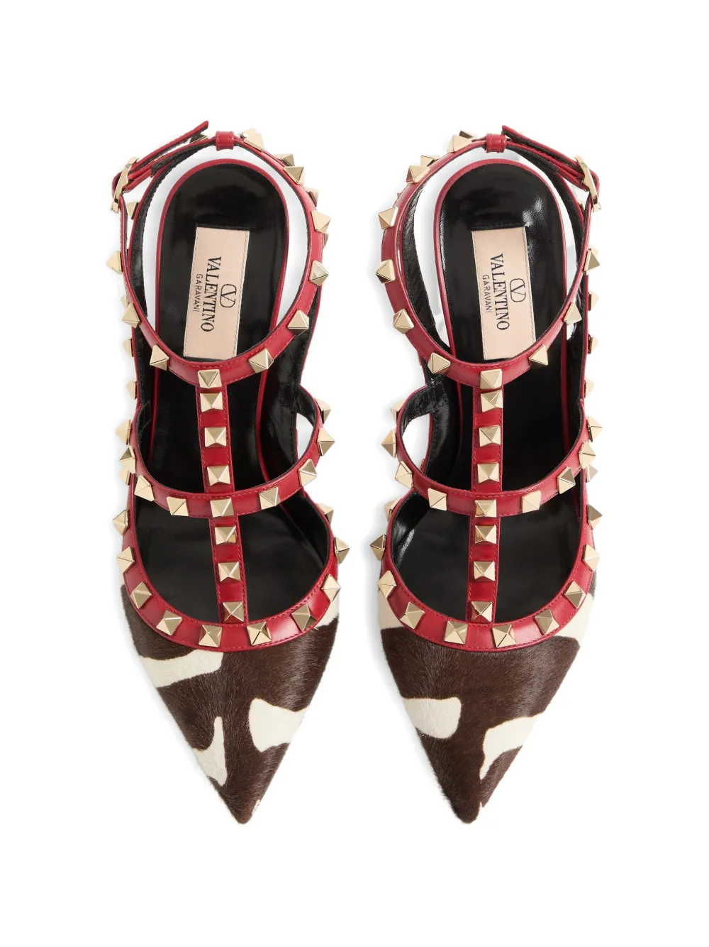 Valentino Garavani Rockstud kalfsleren pumps met bandjes en ponyhaar 100 mm Bruin