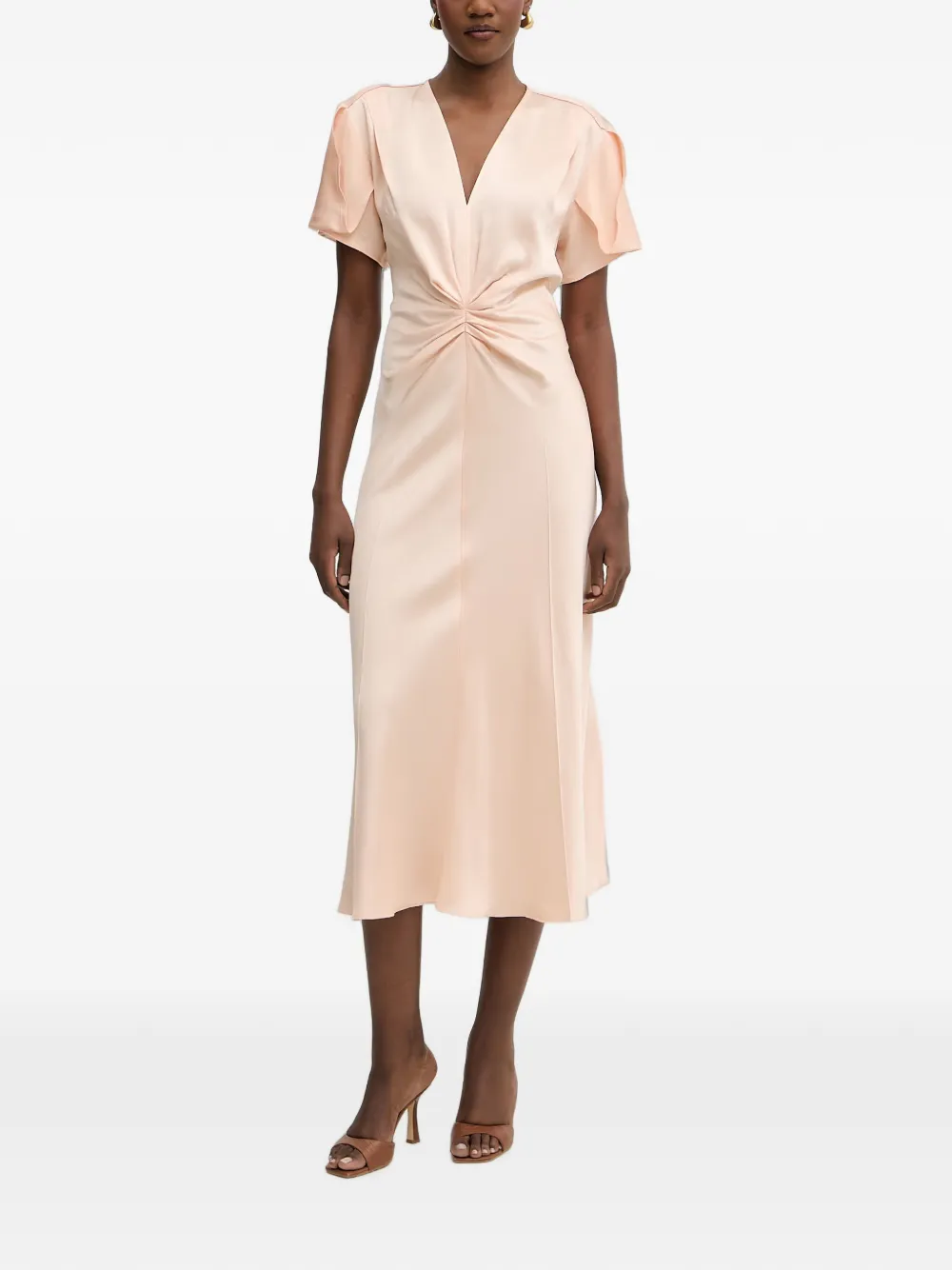 Victoria Beckham Eve twist-detail tulip-sleeve midi dress - Neutrals