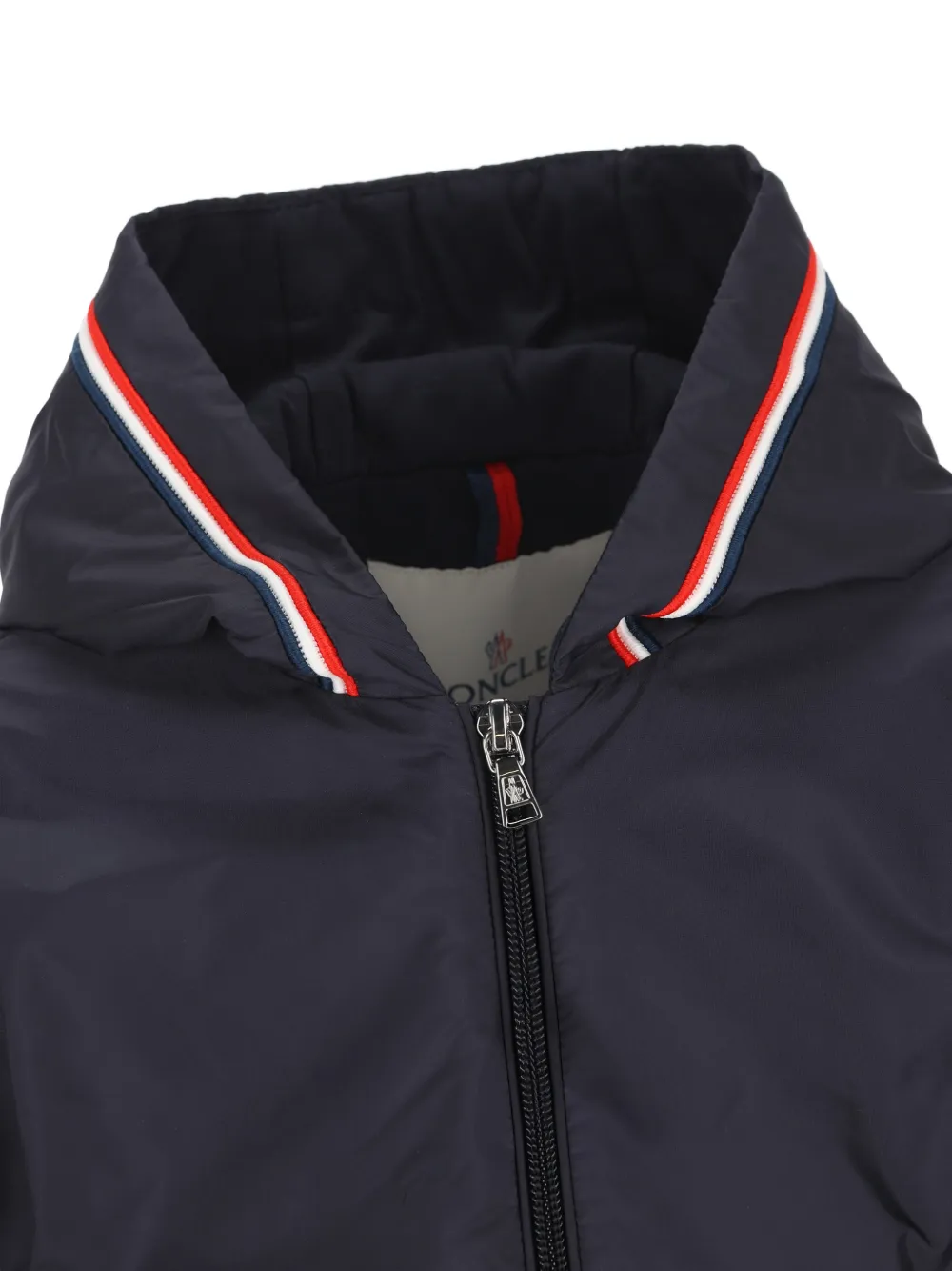 Moncler Enfant Jack met gestreepte afwerking en capuchon Blauw
